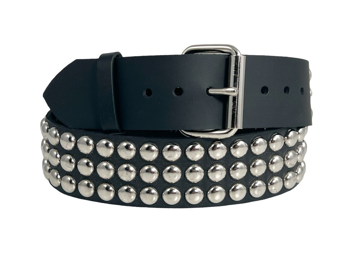 Large Round Stud Belt Genuine Leather Three Row Rock Goth Large Round Stud Belt Genuine Leather Three Row Rock Goth