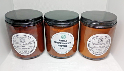 Body Butter & Sugar Scrub & Candle-Coconut Vanilla 8 oz Hydrate Exfoliate Trio