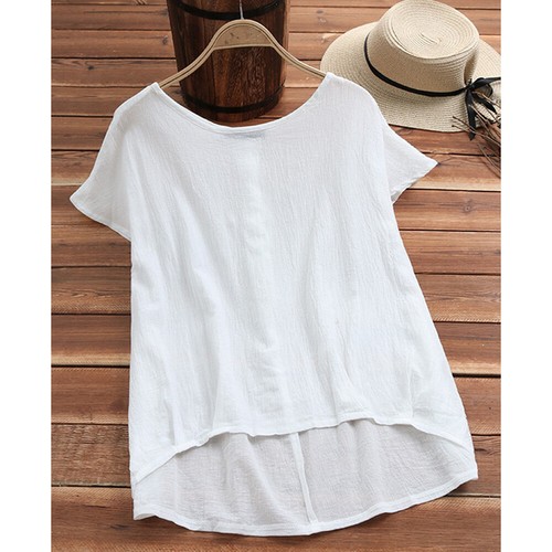 Camiseta suave de manga corta para mujer camiseta suelta asimétrica dobladillo alto-bajo vendida - Imagen 8 de 16