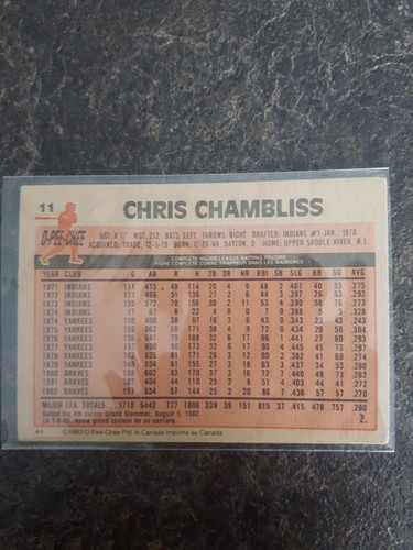 1983 O-Pee-Chee Base Chris Chambliss Card# 11 - Picture 2 of 2