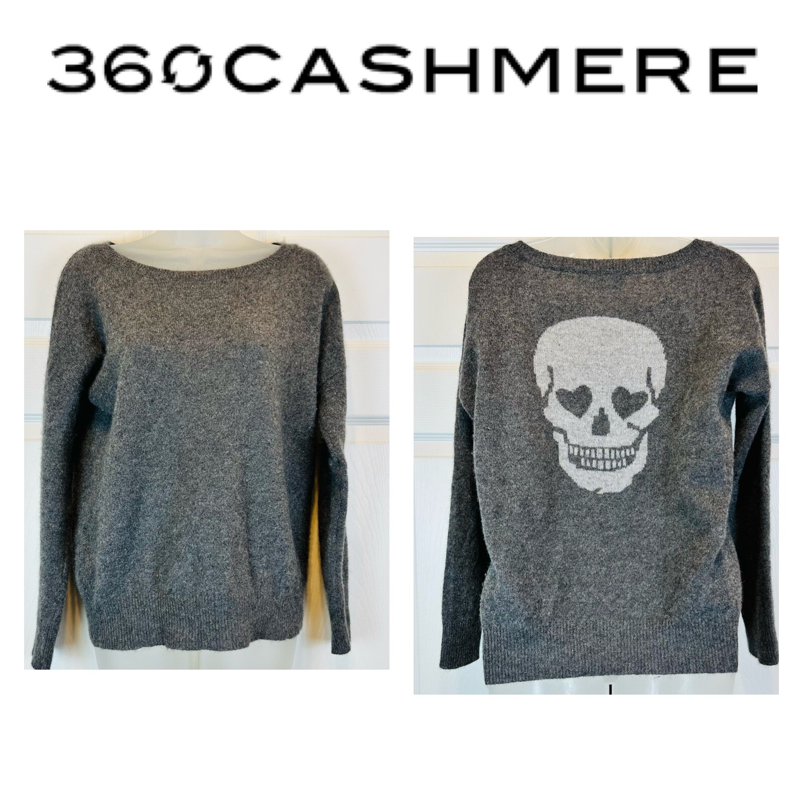 360 Cashmere Grey Skull Sweater Small Gem