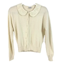 Sostanza Cardigan Sweater Cream Ivory ANGORA Blend SZ Small Beaded Embroidered