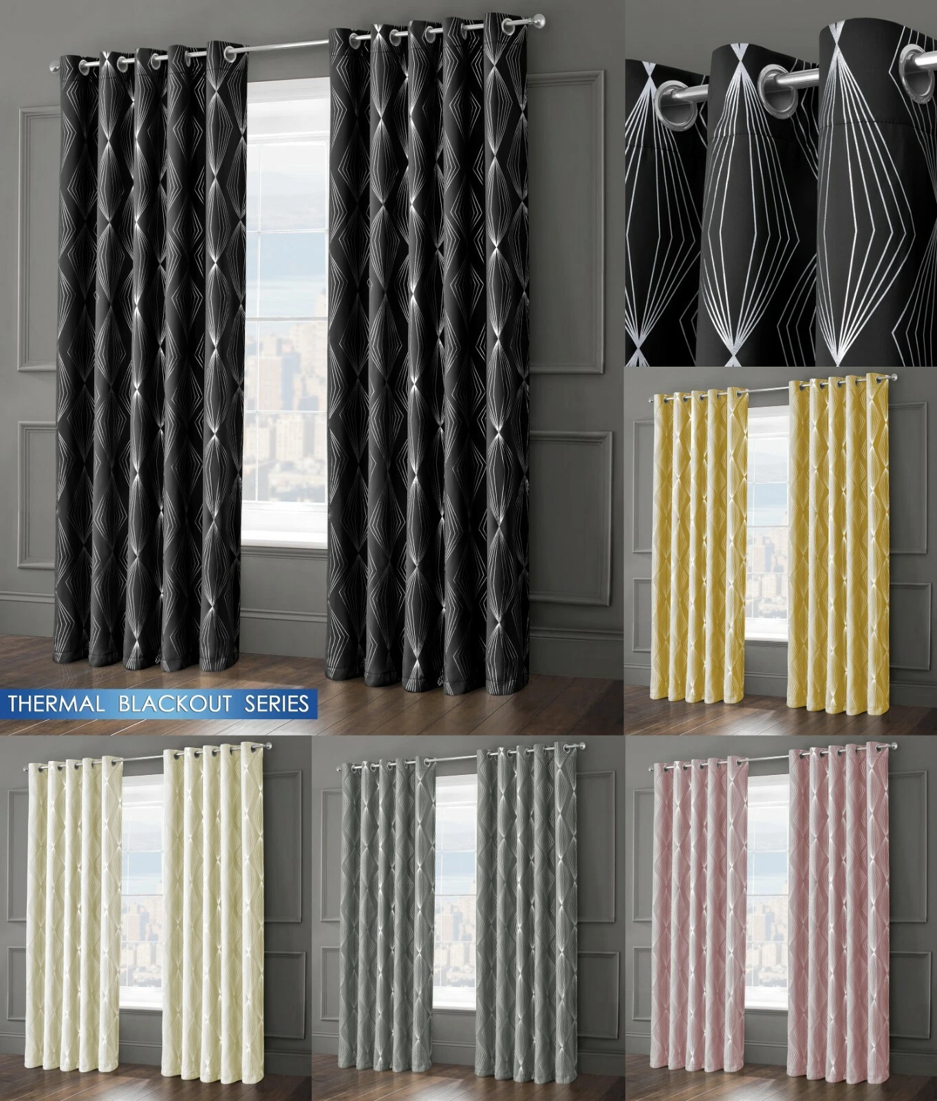 Thermal Blackout GEO Ringtop Eyelet Onyx 3 Pass Blackout Ready Made Curtains