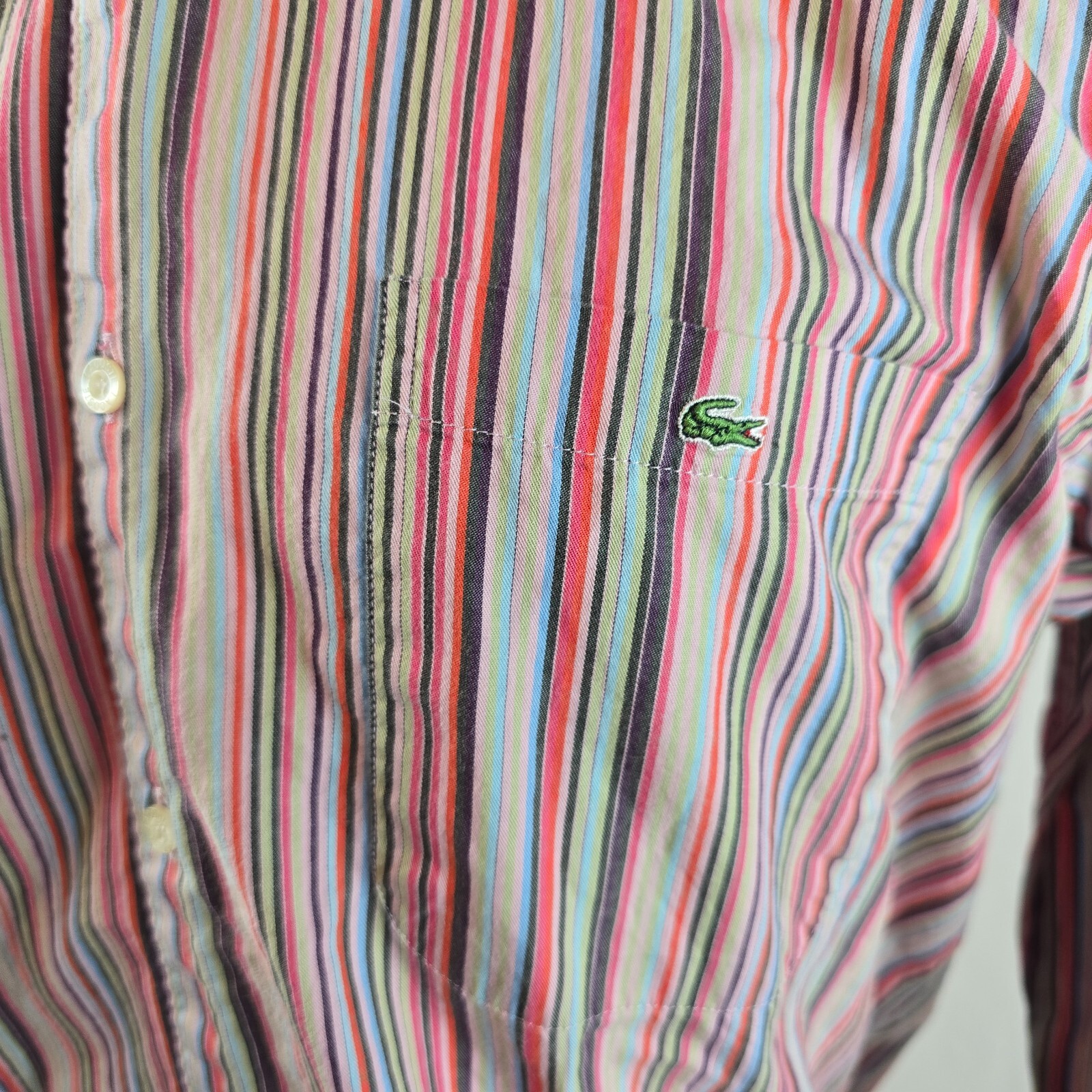 Lacoste Shirt Mens 42 Large Pink Button Up Button Up Dress Striped Alligator thumbnail 3