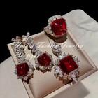 18k White Gold Plated Lab-Created Red Garnet Gemstone Necklace Earrings Ring Set