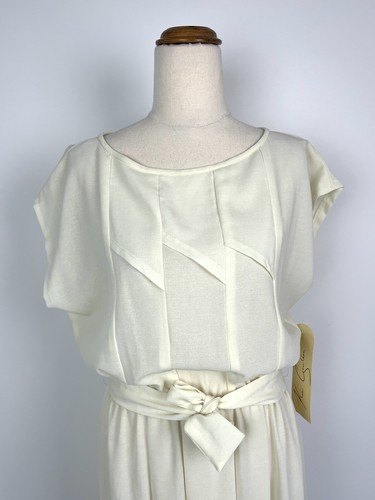 Vintage Kae Goulden Dress 14 L Ivory Pleated Elastic Waist Pencil Belt 90s Retro - Bild 2 von 12