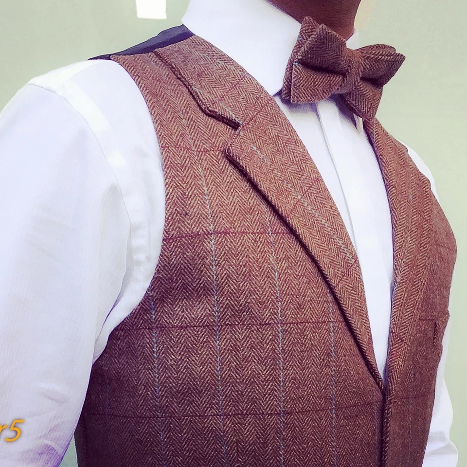 MEN'S WOOL  BLEND BROWN TAILORED FIT HERRINGBONE CHECK TWEED WAISTCOAT VEST - Image 2 of 4