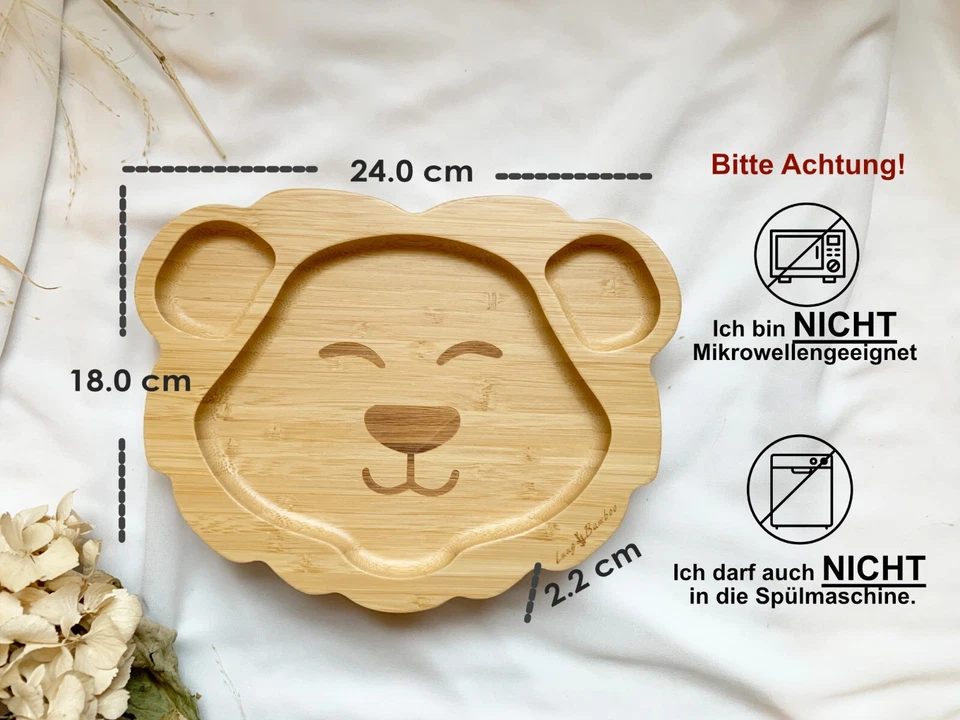 Bambus Babyteller; Kindergeschirr mit Saugnapf, Besteck: Löwe Gelb - Bild 3 von 3