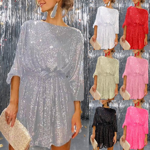 Sexy Women Shiny Long Sleeve Bodycon Mini Dress Ladies Evening Party Dress Gown