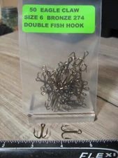 50 Eagle Claw Size 6 Bronze 274 Double Loose Fish Hooks