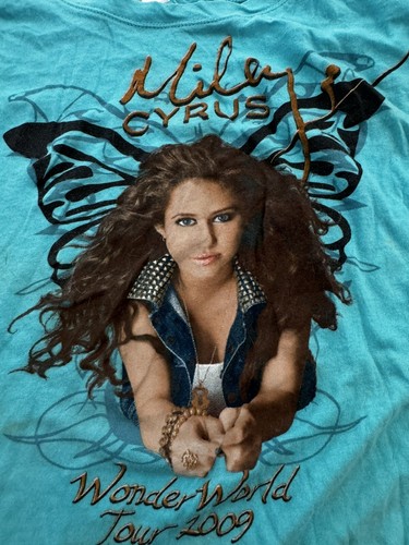 Miley Cyrus Wonder World 2009 Tour Turquoise Shirt Youth XL Stained  - Picture 6 of 9