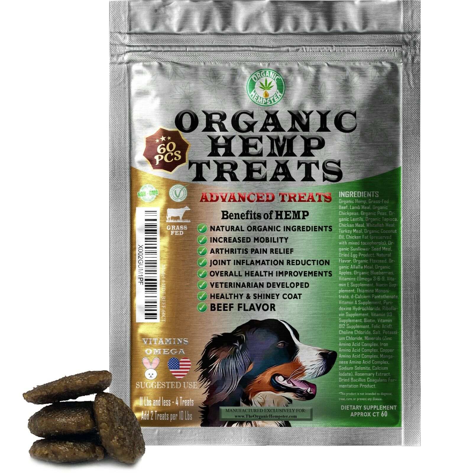 Organic Hemp Treats for Dogs Anxiety Relief, Grass-Fed, Beef, 60 Chews
