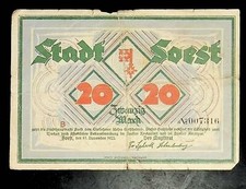 1922 Germany SOEST 20 Mark Banknote / Notgeld