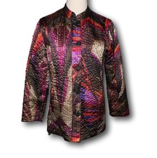 CHICO'S O Reversable Jacket Mandarin Collar Pockets Multi Color/Black