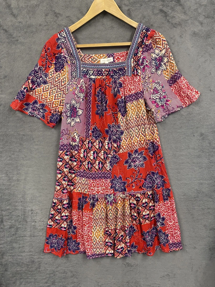 Monsoon Midi Boho Patchwork Style Dress Size Small Short Sleeve