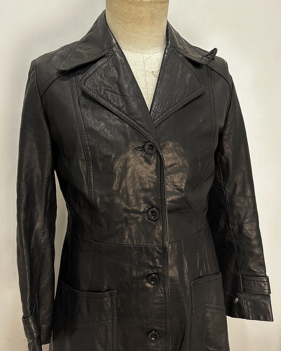 Woman s 1970s Black Leather Coat Raincoat Vintage European Western
