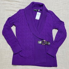 Lauren Ralph Lauren Sweater Cable Knit Buckled Purple Cotton NEW Womens Medium