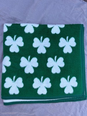 Vintage Biederlack Green & White Reversible Shamrock Clover Lap Blanket 47 X53 