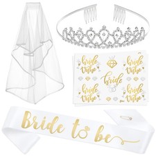 4PC Bride To Be Bachelorette Party Kit Sash Tiara Veil Tattoos Accessories