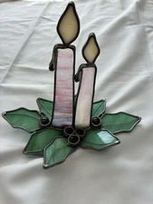 Christmas Candles Holiday Tabletop Stained Glass Art Piece Decor Pink  Silver