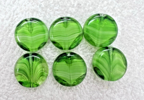 6 Vintage Handmade Art Glass Lampwork Beads Green w White Flat Rounds 3/4 x 1/4
