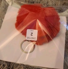 Red Faux Fur Pom Pom Silver Ring Keychain Key Fob Purse Charm Fluffy Fur