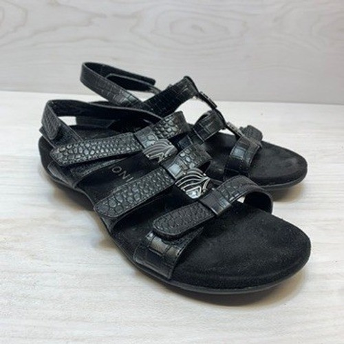 Vionic Womens 8 Amber Sandals Strappy Croc Embossed Black Orthotic Comfort