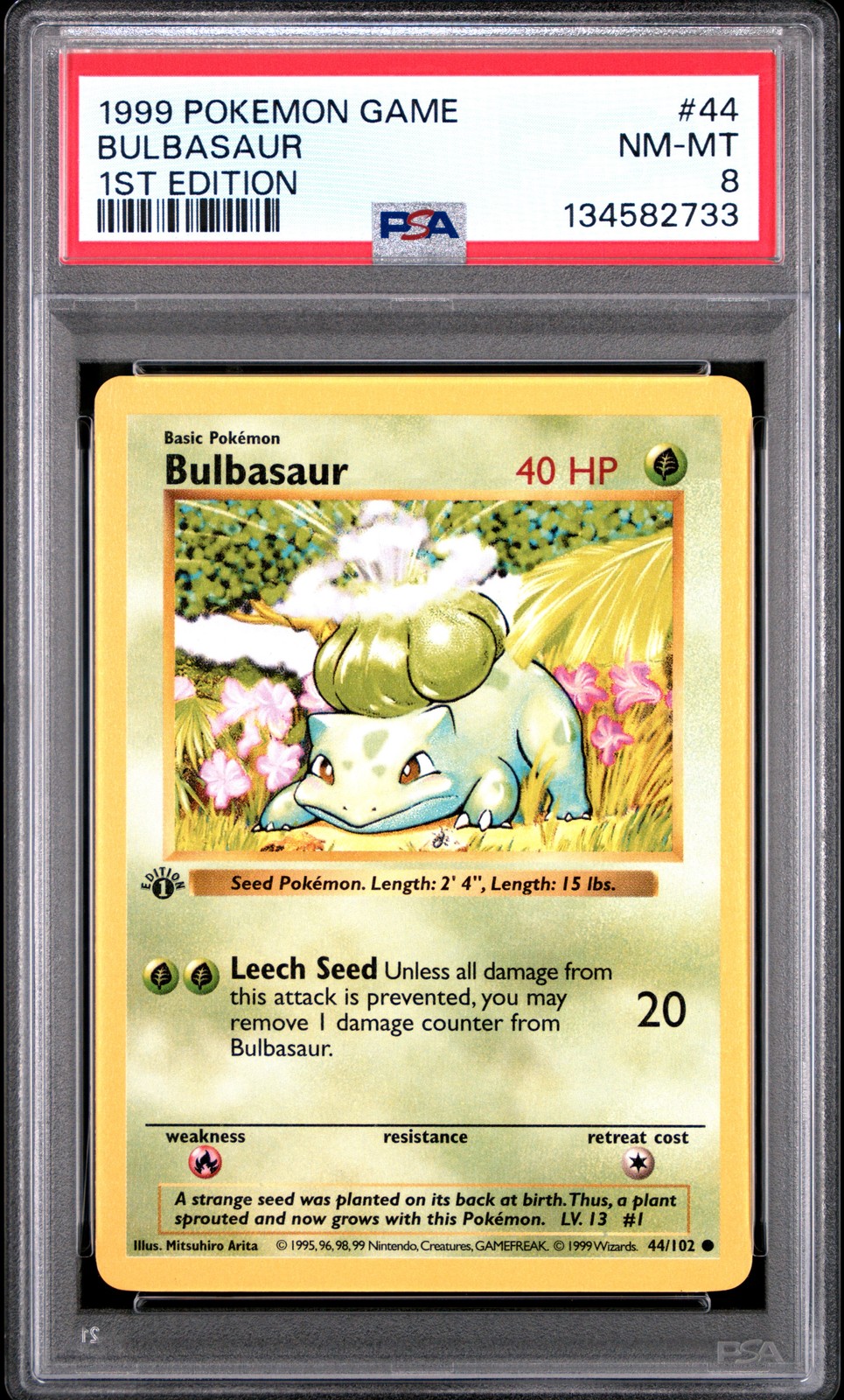 1999 Pokemon Game #44 Bulbasaur 1st Edition Shadowless PSA 8 NM-MT