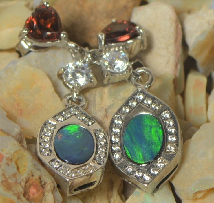 Australian opal earring pair Dangle Garnet Drop Sterling Silver Party Diamond - image 2 of 4