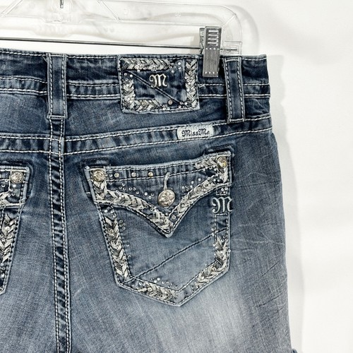 Miss Me Size 30 Denim Shorts Mid Rise Easy Bermuda Jean Shorts Embellished 779 - Picture 5 of 9