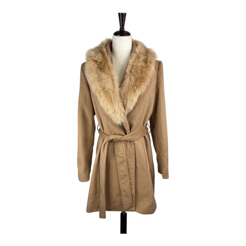 Sofia Cashmere Womens Brown Coat Size 8 Fur Collar Wool Long Sleeve Tie