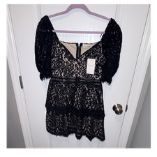 mod Black Lace Fit & Flare Short Puff Sleeve Square Neck Party Dress Small