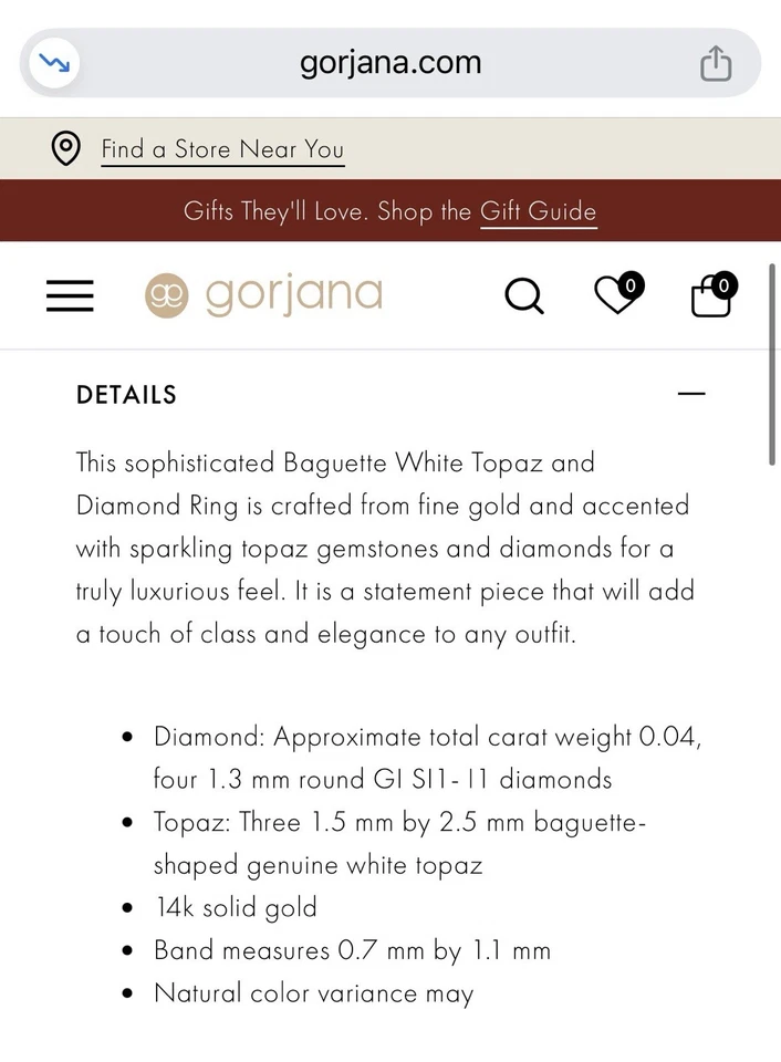 Gorjana- Anillo Baguette Topacio Blanco y Diamantes Oro 14kt, Talla 6 Foto 4 de 4