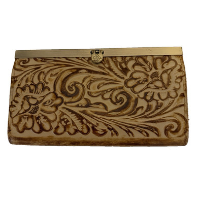 Patricia Nash Cauchy Leather Tooled Wallet Clutch Bi-Fold Brown Gold Frame