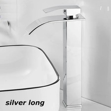 Brushed Waterfall Bathroom Sink Faucet Single Handle Deck Mounted Silver Long