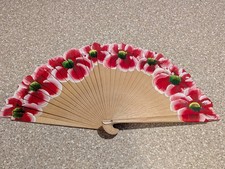 Vintage Spanish Wood Hand Fan Handpainted Double Sided Red Floral.