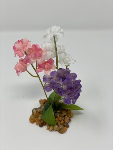 4 pollici Piccola pianta di FIORE di seta morbida MIX rosa, bianco e viola, base in pietra - Foto 4 di 5