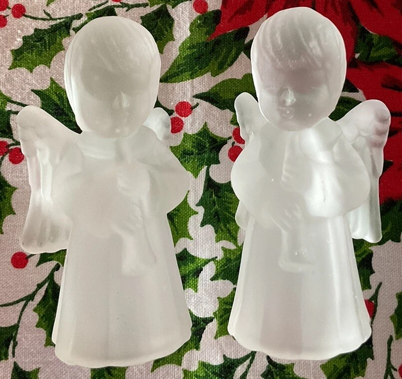 Vintage Pair Angel Candle Holders 4” Satin Frosted Glass MCM Centurion? 1950’s
