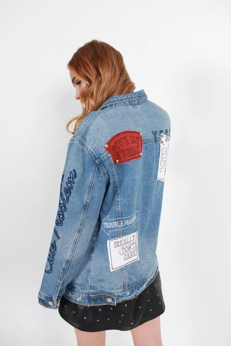 NWT Boom Boom Jeans Size Small Oversized Embroidered Patch Denim