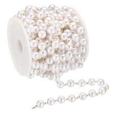 16 Feet Faux Pearl Beading Chain, 8mm Brass Chain Link Style 1, Golden