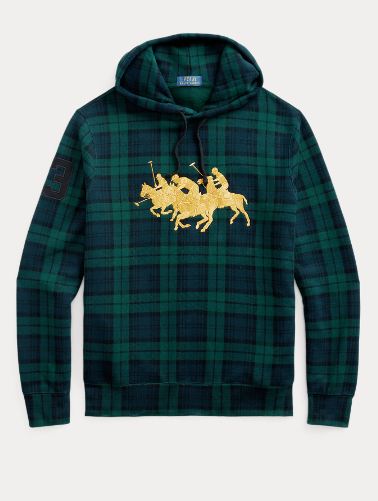 POLO RALPH LAUREN Felpa con cappuccio uomo verde tartan a quadri oro triplo pony taglia M