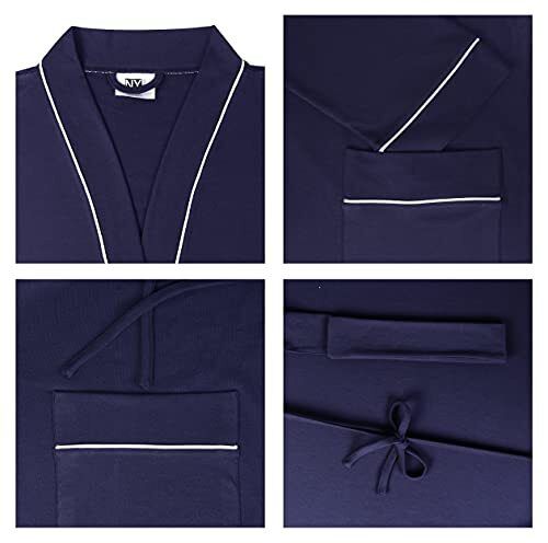 Mens Knit Robe Lightweight Summer Cotton Blend Bathrobe, Navy, Large - Picture 7 of 7