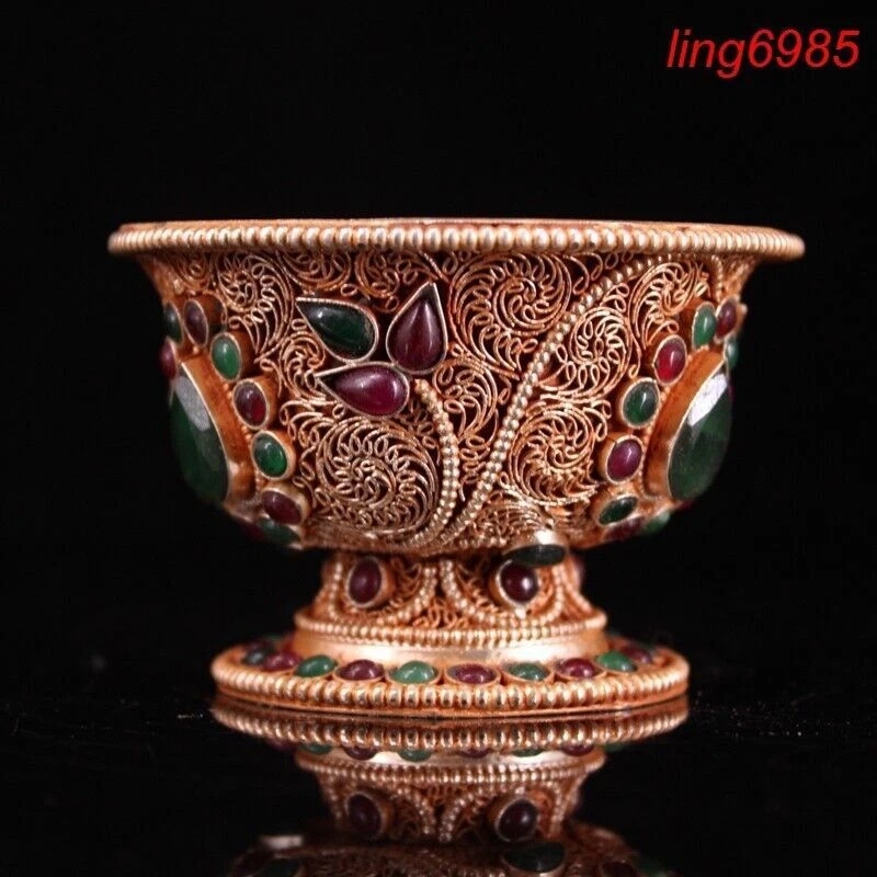 Antigua dinastía tibetana plata filigrana incrustación gema taza de té tazón cuencos estatua Foto 2 de 4