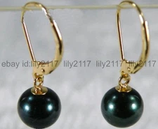 Genuine Natural 10mm round black South Sea shell pearl gold dangle earrings