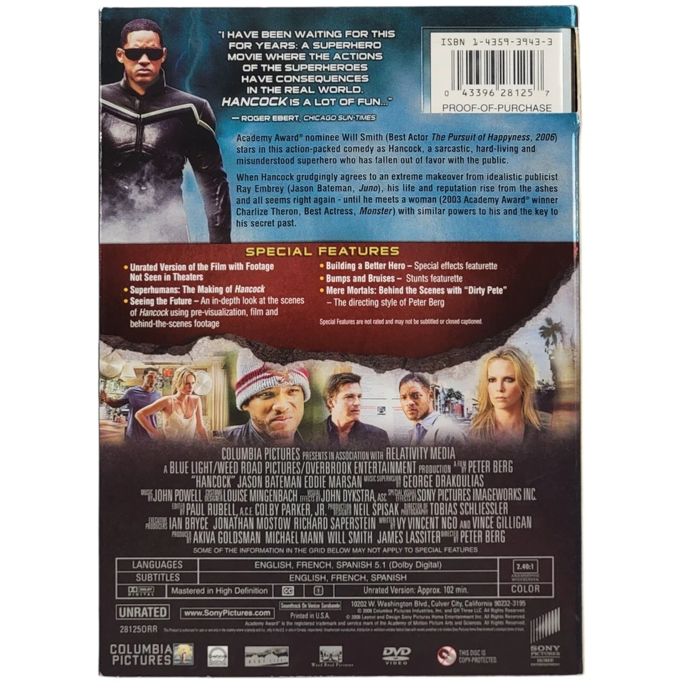 Will Smith Hancock 1-Disc Unrated Edition DVD Columbia 2008 Foto 4 de 4