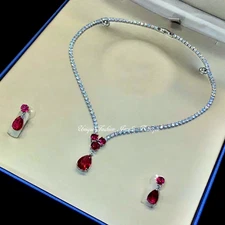 18k White Gold Plated Red Garnet Tennis Necklace Earrings Christmas Jewelry Gift