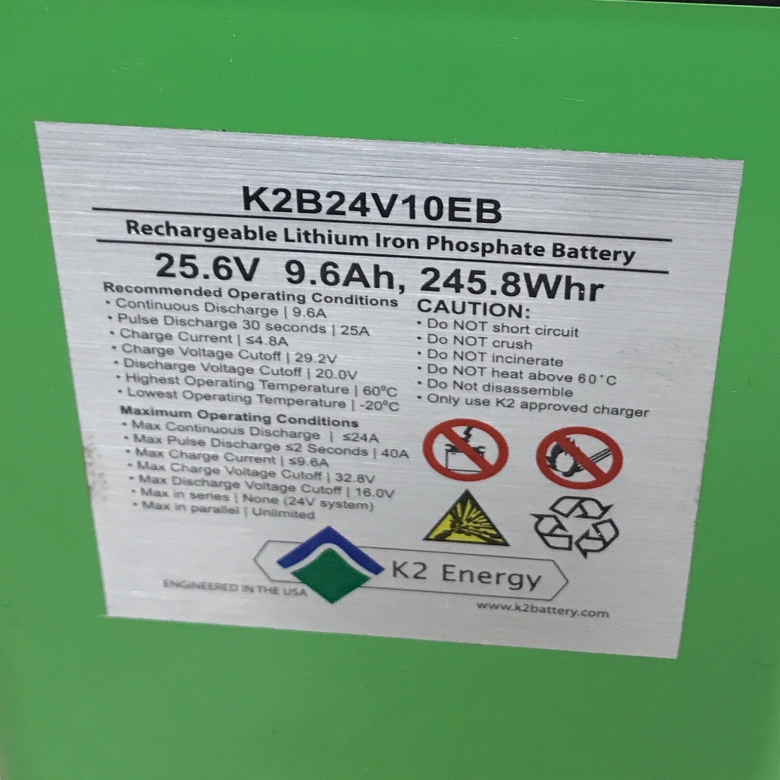 24V Lithium Battery with PCM [BMS] K2 Energy K2B24V10EB LiFePO4 245Wh (24 26650)
