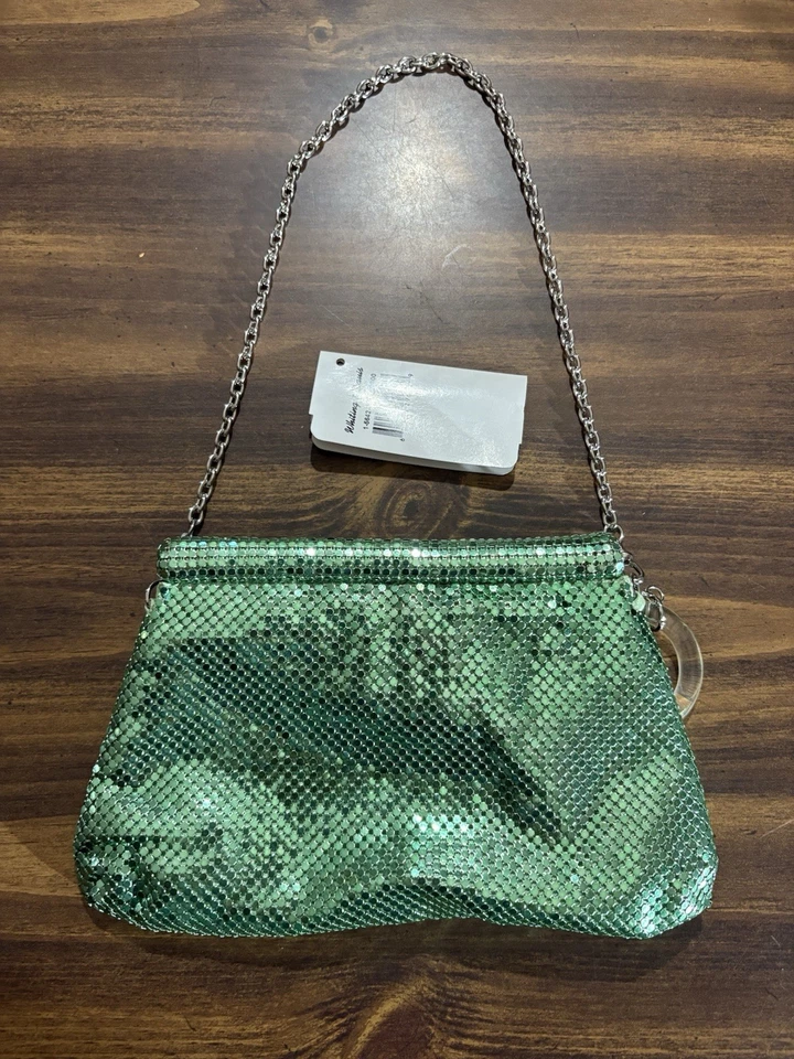 Bolsa Whiting & Davis verde metal malha zíper corrente alça anos 70 zíper puxar NOVA - Imagem 4 de 4