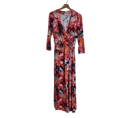 Soft Surroundings Le kardin Maxi Dress Floral Faux Wrap Orange Pink Large