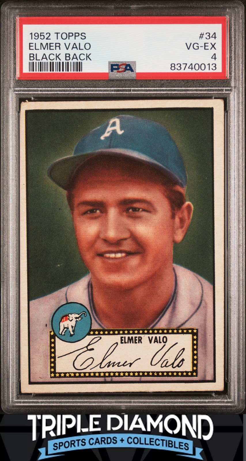 1952 Topps Baseball #34 Elmer Valo Black Back Philadelphia A's PSA 4 VG-EX N352